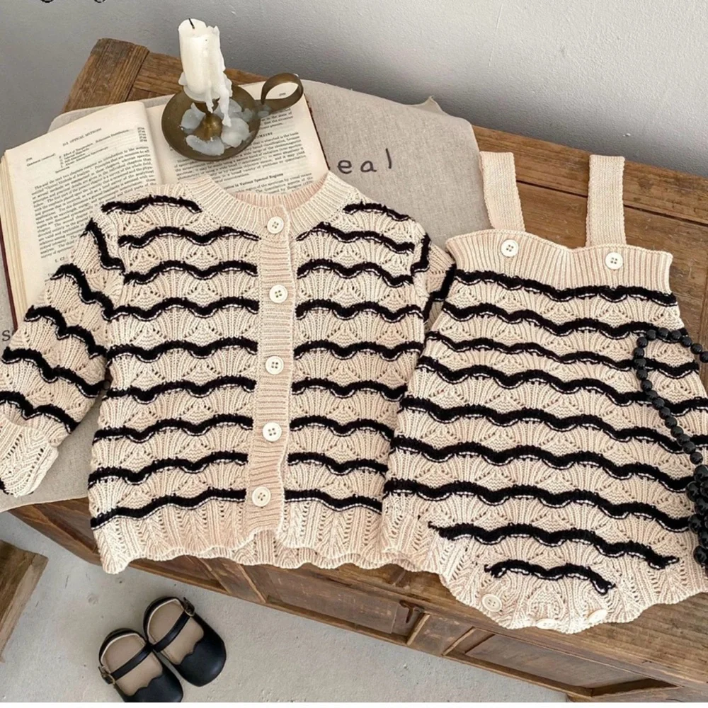 Toddler Cream and Black Striped Knit Cardigan Set - Picture 1 of 12